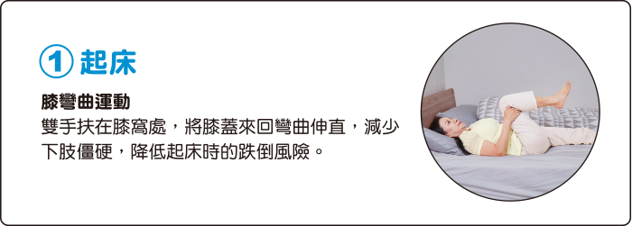 1.起床 膝彎曲運動 雙手扶在膝窩處，將膝蓋來回彎曲伸直，減少下肢僵硬，降低起床時的跌倒風險。