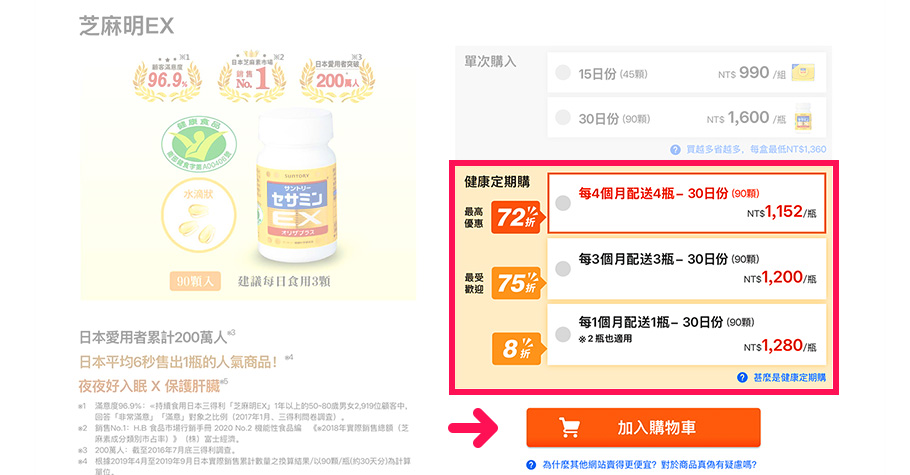 橘色區域為定期購方案，您可依照需求自由選擇合適的配送方案。點選想要的方案後，請點擊下方的「加入購物車」。