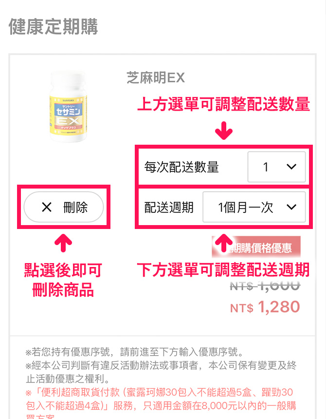 進入購物車畫面，可確認選擇的商品，也可以調整配送數量及週期，亦可將不需要的品項刪除。