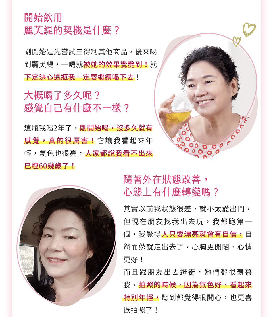 開始飲用麗芙緹的契機是什麼？ 剛開始是先嘗試三得利其他商品，後來喝到麗芙緹，一喝就被她的效果驚艷到！就下定決心這瓶我一定要繼續喝下去！ 小編：大概喝了多久呢？感覺自己有什麼不一樣？ 這瓶我喝2年了，剛開始喝，沒多久就有感覺，真的很厲害！它讓我看起來年輕，氣色也很亮，人家也都說我看不起來已經60幾歲了！ 隨著外在狀態改善，心態上有什麼轉變嗎？其實以前我狀態很差，就不太愛出門，但現在朋友找我出去玩，我都跑第一個，我覺得人只要漂亮就會有自信，自然而然就走出去了，心胸更開闊、心情更好！而且跟朋友出去逛街，她們都很羨慕我，因為拍照的時候，因為氣色好、看起來特別年輕，聽到都覺得很開心，也更喜歡拍照了！